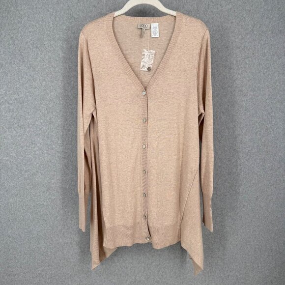 LOGO Long Line Button Front Cardigan Size M Oatmeal Casual Cashmere Blend NWOT - Picture 1 of 11